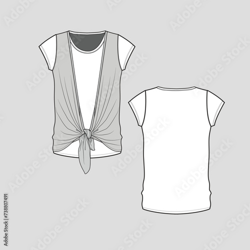 knotted t shirt top Crew neck front knot tie up Short Sleeve Fashion design template drawing flat sketch