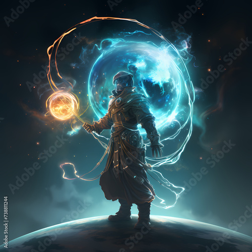 Galactic space traveler with a glowing staff.