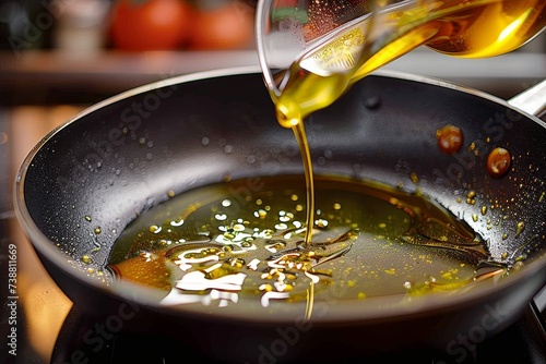 A cook skillfully prepares a savory soup in their bustling kitchen, pouring oil into a sizzling wok as they expertly maneuver their array of pots, pans, and bowls