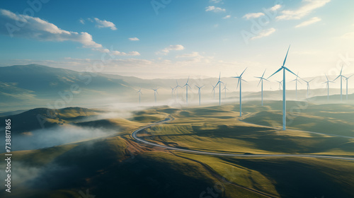 Wind turbines harnessing clean energy stand tall in fields and mountains, gracefully spinning against the backdrop of a blue and green landscape, symbolizing the harmony of technology
