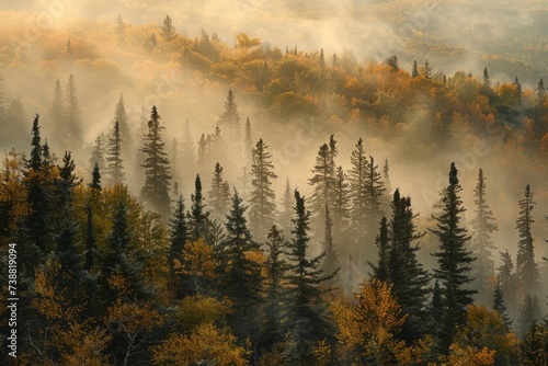 Misty landscape of fir forest in Canada