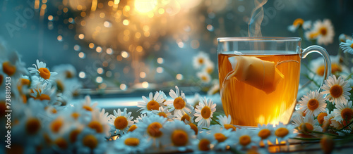 A bag of chamomile tea in a cup on the windowsill and a lying bouquet of daisies on a blurred background