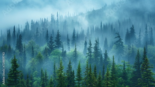 Misty landscape of fir forest in Canada