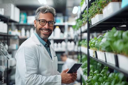 A stylish scientist, donning a crisp lab coat and glasses, confidently holds a tablet as he navigates between the indoor store and outdoor plant displays