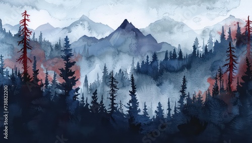 forest mountains in watercolor on white background illustration