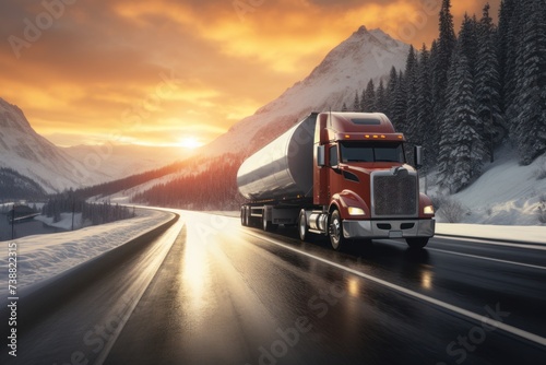 Oil tank truck driving on highway delivering oil at sunrise.