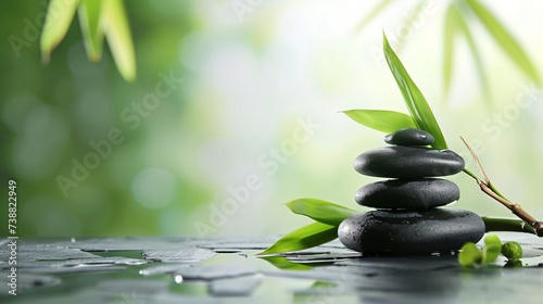 a stack of black stones with leaves on top