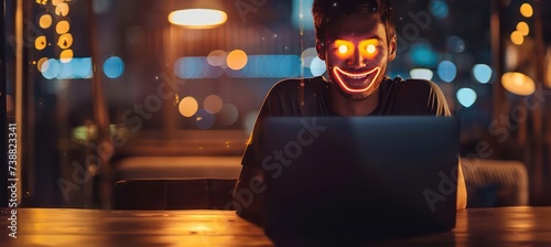 man on laptop with digital face, in the style of emotional figures, joyful and optimistic