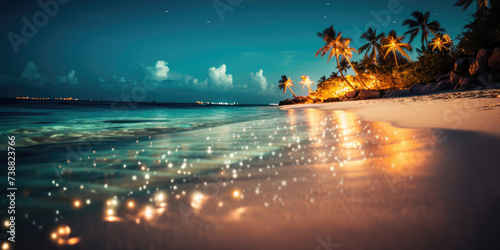 Tropical beach at night with palm trees, white sand, sea waves and lights