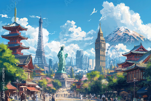 World landmarks travel illustration - Eiffel tower, Big Ben, Liberty statue, USA, Europe, France, China, Japan, Asia, Fuji