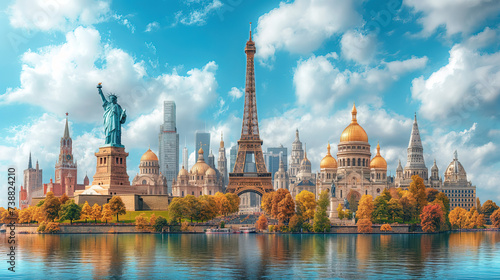 World landmarks travel illustration - Eiffel tower, Big Ben, Liberty statue, USA, Europe, France