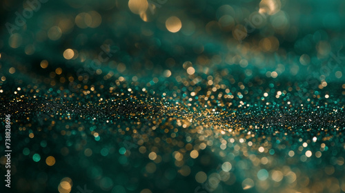 Mesmerizing blurred effect created by gold and emerald green glitter particles.