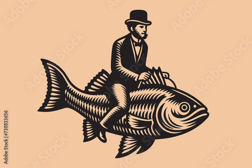 A man in a bowler hat riding a fish. surreal illustration. Beautiful vintage engraving illustration, emblem, icon, logo, sketch. Black lines.