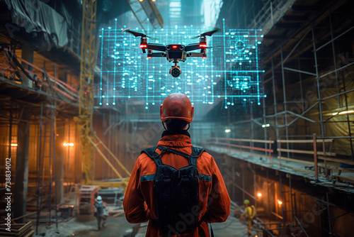 Drone remote controlled by operated scans or sends virtual projection, digital 3d scheme at a construction site, technology UAV