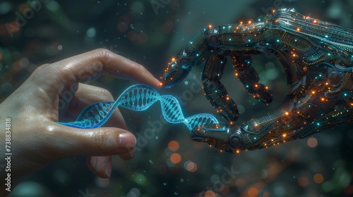 In a virtual interface, hands of robots and humans are touching DNA as if they were connecting in a virtual interface on the future, science, technology and artificial intelligence.