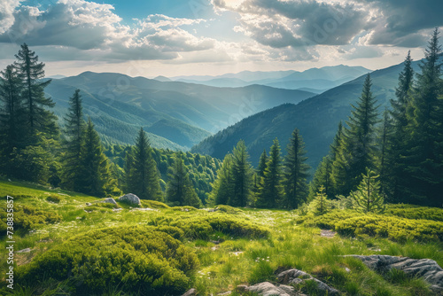 Mountain landscape. Amazing wild nature view of deep evergreen forest landscape on sunlight at middle of summer