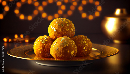 Sweet Motichoor laddoo is also known as Bundi Laddu or Motichur Laddoo which originated from very small Gram flour balls or Boondis, with diwali celebration concept background, Ai generated image