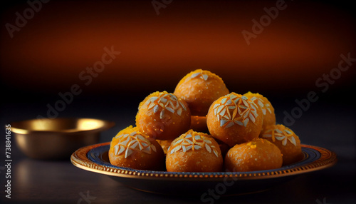 Sweet Motichoor laddoo is also known as Bundi Laddu or Motichur Laddoo which originated from very small Gram flour balls or Boondis, with diwali celebration concept background, Ai generated image