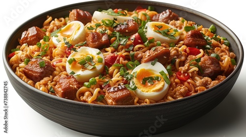 A mouthwatering bowl of ramen noodles topped with slices of tender pork belly, soft-boiled eggs, a