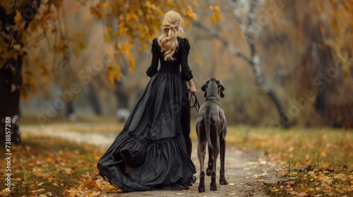 Elegant woman in a long black dress with her dog in an autumnal park.
