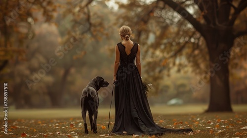 Elegant woman in a long black dress with her dog in an autumnal park.