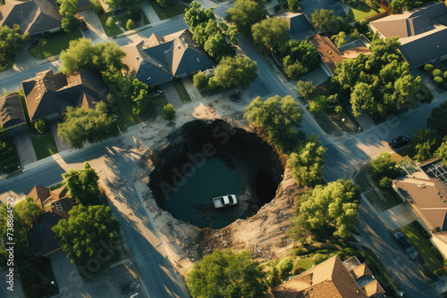 sinkhole opening up in a suburban neighborhood