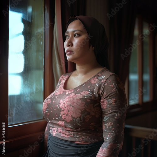 portrait d'une femme indonésienne devant une fenêtre qui regarde à l'extérieur. Femme maquillée portant un foulard sur la tête un teeshirt moulant montrant sa forte poitrine et une jupe.