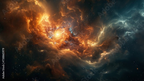 A mesmerizing scene of a fiery orange nebula lighting up the dark universe, with stars sparkling within its folds and cosmic dust swirling around.
