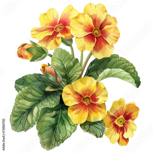 Spring orange primrose flower. Illustration of a cute spring yellow primroses in realistic style on a white background