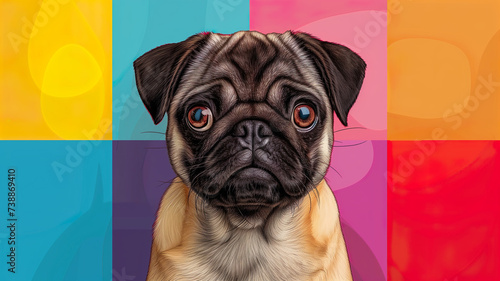 Funny cartoon pug on a bright colored background
