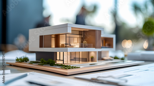 Une représentation 3d d'une maison superposée à des schémas d'architecture.