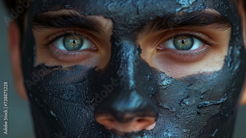 a close up of a person's face with a black mask