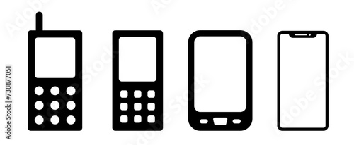 Cellphone icon set old retro keypad phone antenna phone and screen touch smartphone collection in black and white color - Vector Icon