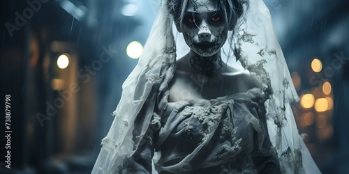 Asian woman with ghostly makeup portrays a zombie bride for a Halloween festival. Concept Halloween Makeup, Zombie Bride, Asian Model, Spooky Photoshoot, Halloween Festival