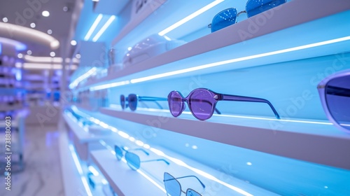 a row of sunglasses on shelves