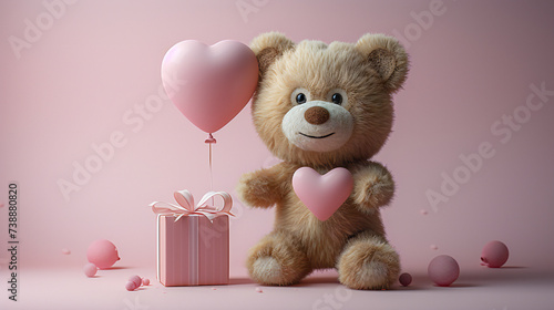 Teddy bear holding a pink heart, next to a heart-shaped balloon and gift box. This image is perfect for: valentine’s day, love, gifts, celebrations, affection.