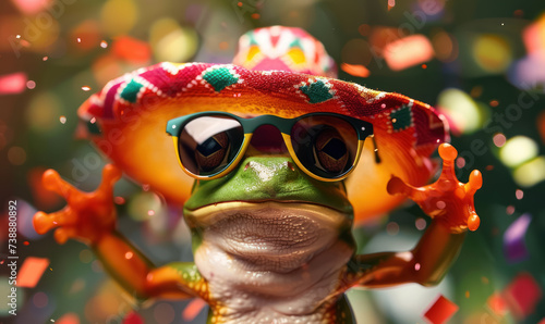 cheerful green frog donning sunglasses and a festive mexican hat surrounded by a shower of confetti