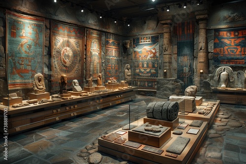 Vibrant mosaics and ancient sculptures line the museum hall, narrating a silent history, their colors preserved under the watchful lights, a testament to the diligence of archaeologists.