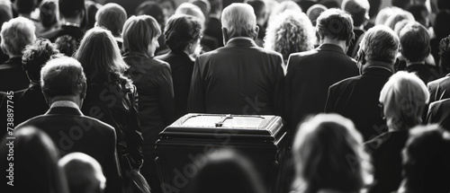 A closed coffin at a funeral surrounded by grieving family members in a moment of grief and memories, black and white 