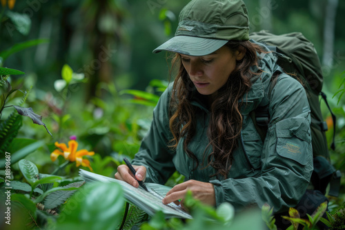 A female botanist intently studies a map amidst lush greenery, her focus and gear suggesting a serious scientific endeavor in the field of botany.