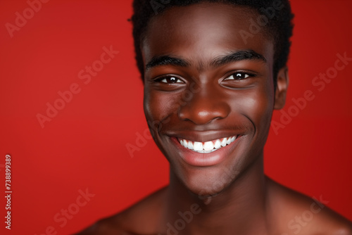 Portrait of handsome young black man against red background.