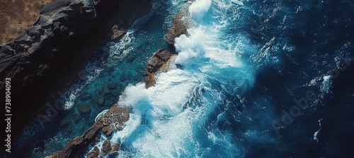 Aerial perspective of waves crashing against clean turquoise rocks on the shore of the ocean