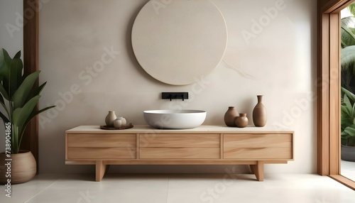 Ultra realistic photo of bali inspired cream stone, light wood furniture