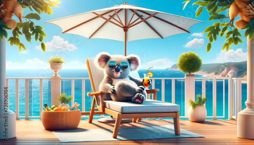 Koala relaxing on a terrace with a sea view