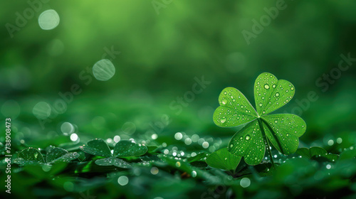 In the right corner, a large, beautiful dewy green clover flower in the counter light and blurred background as a symbol of St. Patrick's Day