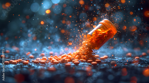 prescription pill bottle spilling out an assortment of pills