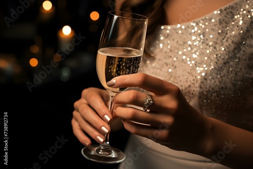 Capturing the Elegance and Excitement: A Closeup of a Bride's Hand with a Champagne Glass and Sparkling Engagement Ring. Concept Wedding Photography, Closeup Shots, Elegance, Champagne Toast