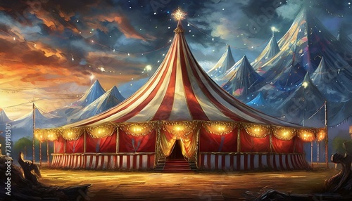Circus tent with illuminations lights at night. Cirque facade. Festive attraction for the festival and carnival 