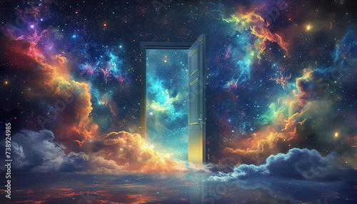 open door with light at the end, new life and opportunity concept, changes and right decision, gate to fantastic world with stars and nebulas