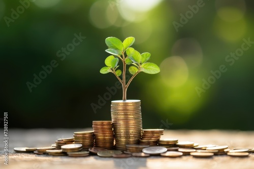 Grow your wealth with Green Finance: Trees, Coins and Bokeh as Symbols of Future Business and Money
